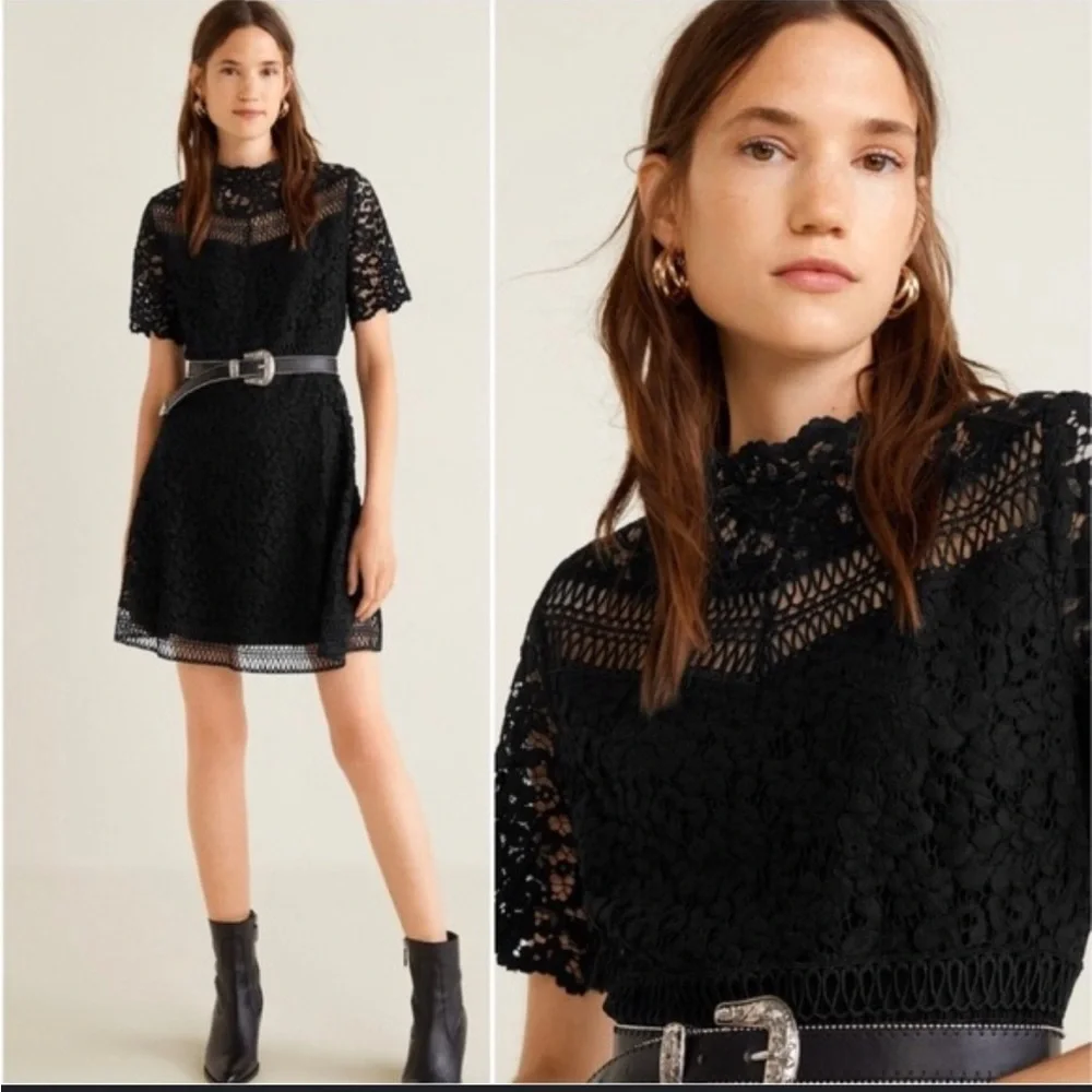 NWT Mango Gipure Black Lace Overlay Dress - Picture 1 of 9